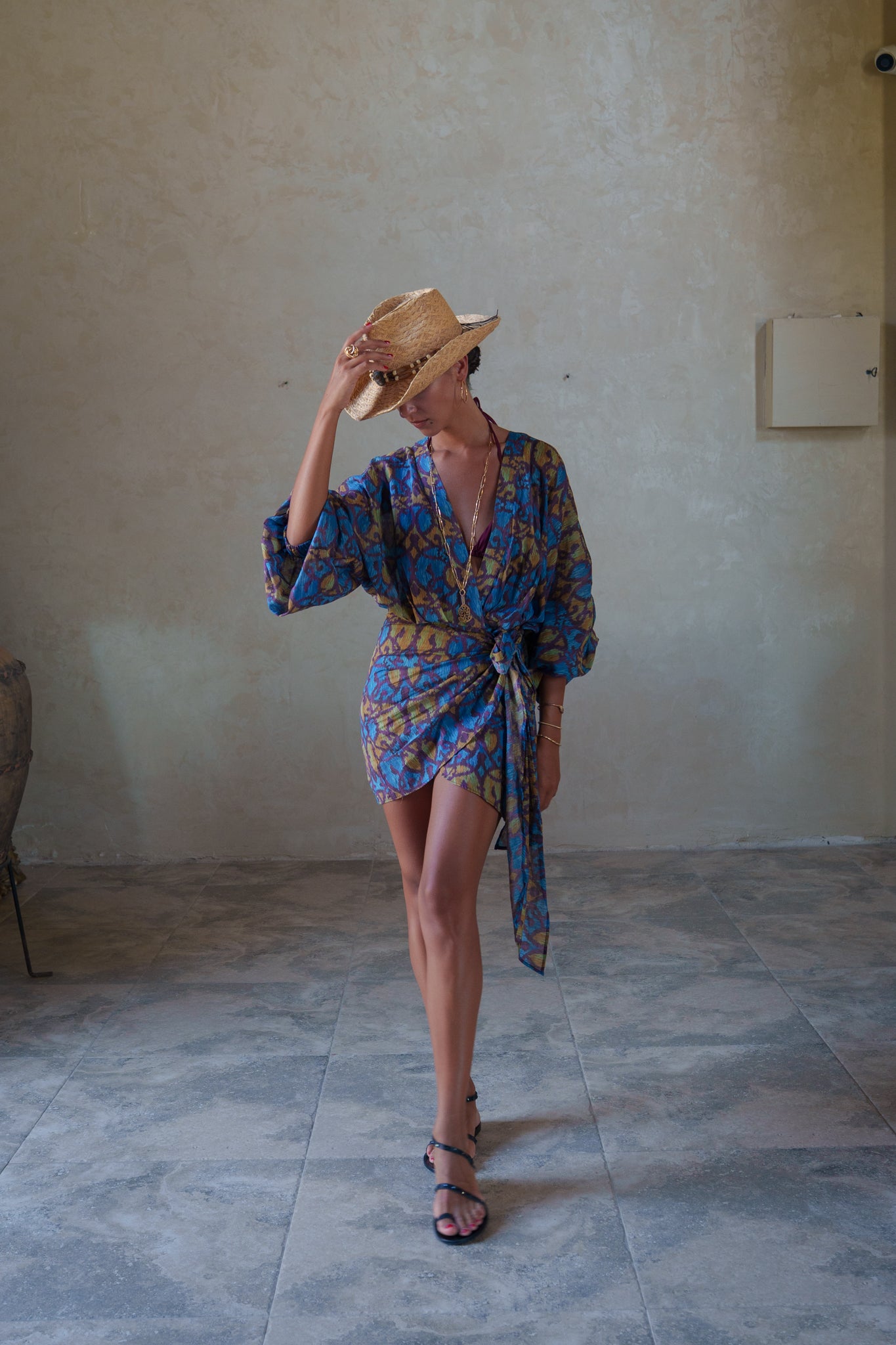 Suzy wrap dress - Bleu yellow ikat