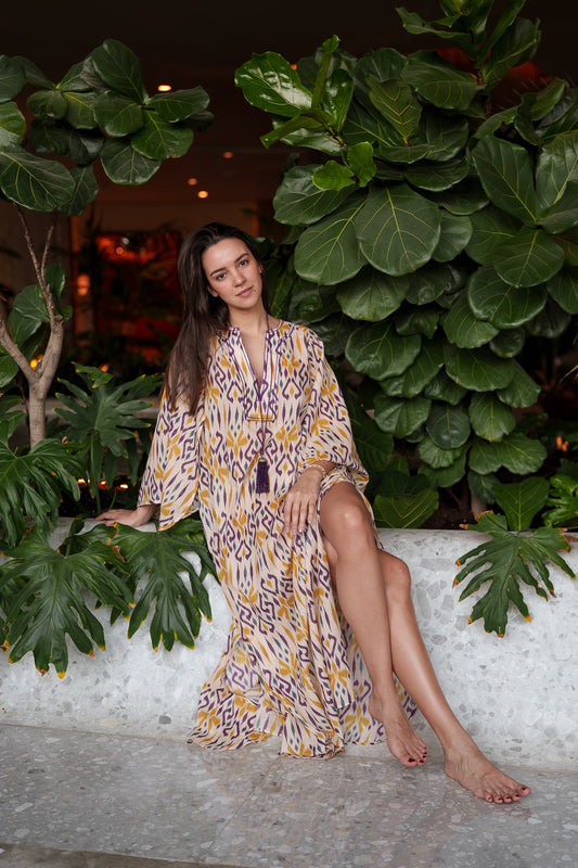 Anastasia Kaftan - Yellow beige purple ikat