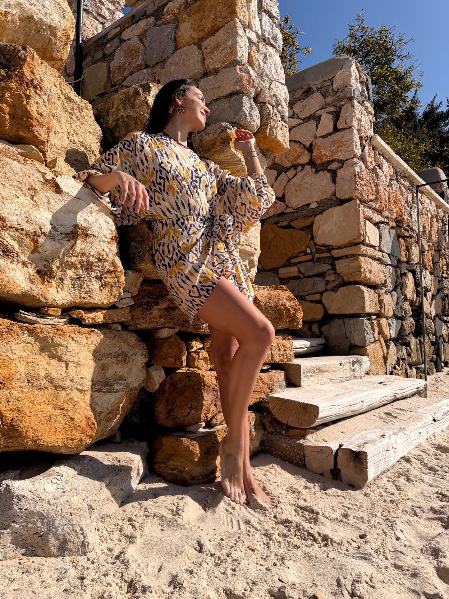 Suzy wrap dress - Yellow beige purple ikat