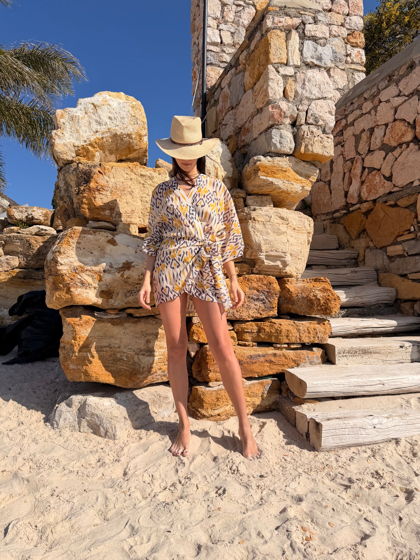Suzy wrap dress - Yellow beige purple ikat