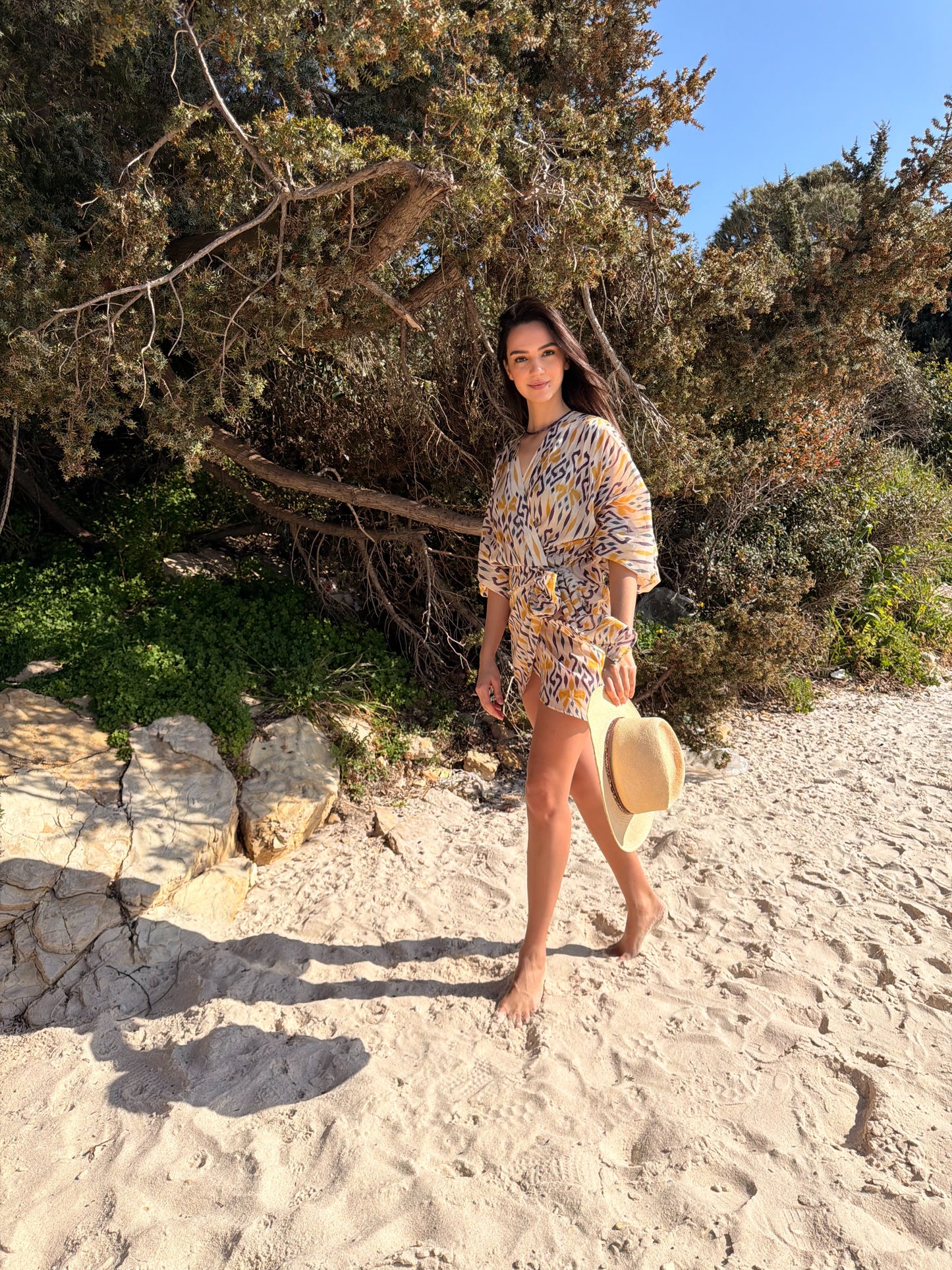Suzy wrap dress - Yellow beige purple ikat